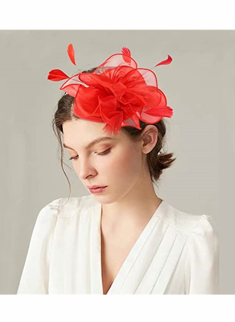 Generic - Stylish Red Fascinator Hat with Ribbons and Feathers Ideal for Tea Parties and Special Events Includes Headband and Hair Clip for Women and Girls - Image 1