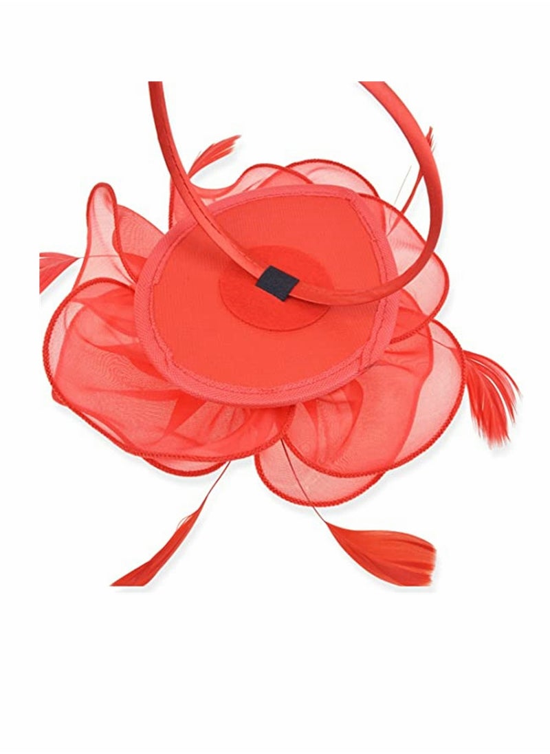Generic - Stylish Red Fascinator Hat with Ribbons and Feathers Ideal for Tea Parties and Special Events Includes Headband and Hair Clip for Women and Girls - Image 1