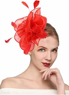Stylish Red Fascinator Hat with Ribbons and Feathers Ideal for Tea Parties and Special Events Includes Headband and Hair Clip for Women and Girls