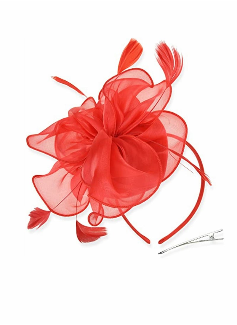 Generic - Stylish Red Fascinator Hat with Ribbons and Feathers Ideal for Tea Parties and Special Events Includes Headband and Hair Clip for Women and Girls - Image 1