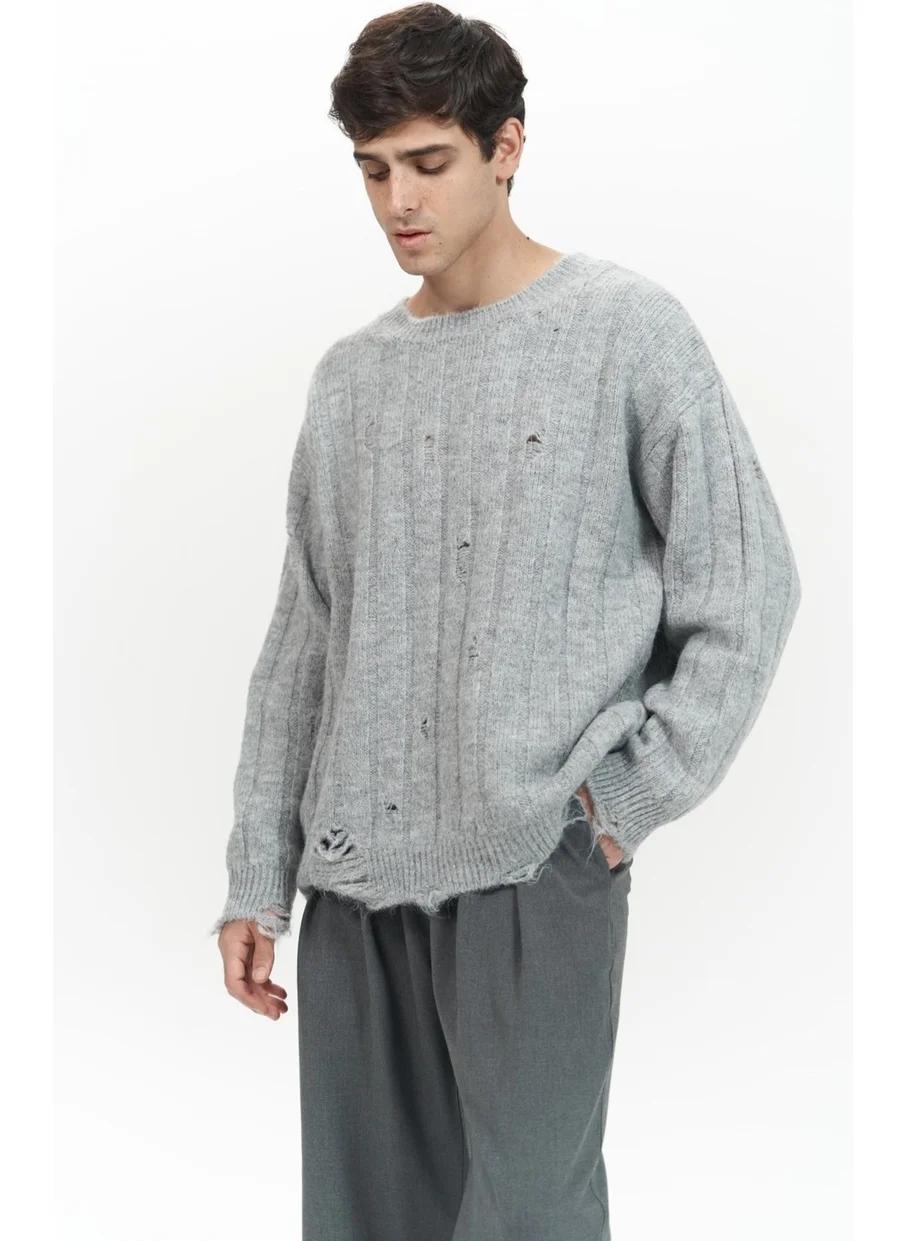 Mai Collection Vincent Torn Detail Gray Men's Knitwear Sweater