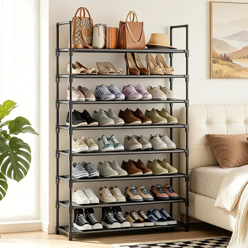 OYREL Shoe Rack 8 Tier 32-40 Pairs Shoes, Shoe Storage Organizer Large with Side Bag Space Saving for Closet, Entryway, Garage, Bedroom Non-Woven Shoe Rack Shelf Black - Image 1