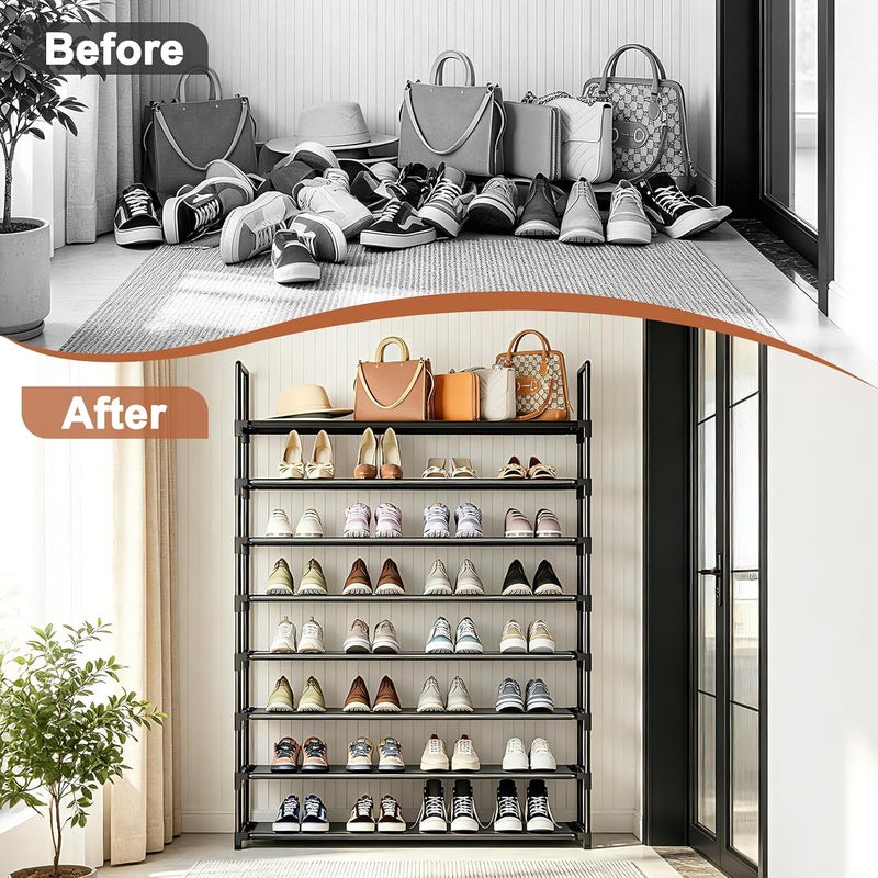 OYREL Shoe Rack 8 Tier 32-40 Pairs Shoes, Shoe Storage Organizer Large with Side Bag Space Saving for Closet, Entryway, Garage, Bedroom Non-Woven Shoe Rack Shelf Black - Image 4
