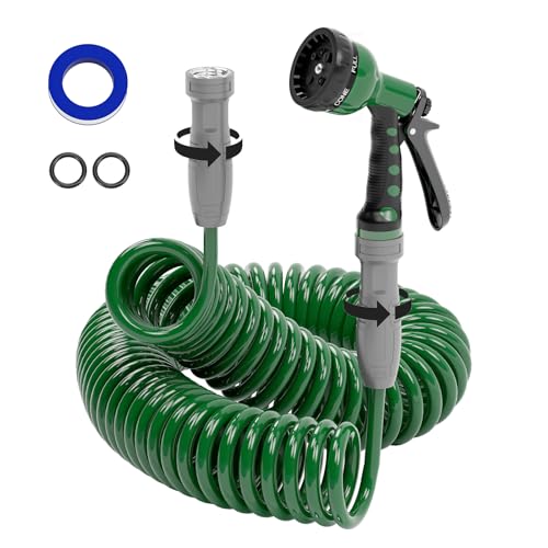 SPECILITE 3/8" Lightweight Coil Garden Hose 50 FT, EVA Flexible Curly Water Pipes with 6-Pattern Spray Nozzle for Boat, Greenhouse, Yard, Patio, Green - Image 1