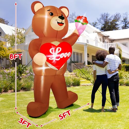 Melisheer 8 FT Valentines Day Inflatables Outdoor, Blow Up Bear Holding Love Heart and and Flowers, Romantic LED Lighted Valentine's Day Inflatables Decorations for Anniversary Wedding Proposal Party Lawn - Image 2