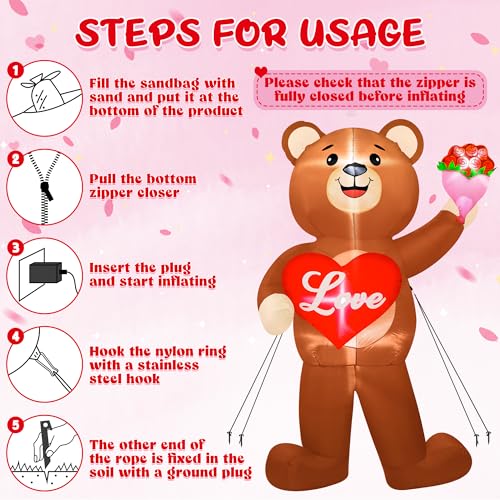 Melisheer 8 FT Valentines Day Inflatables Outdoor, Blow Up Bear Holding Love Heart and and Flowers, Romantic LED Lighted Valentine's Day Inflatables Decorations for Anniversary Wedding Proposal Party Lawn - Image 5