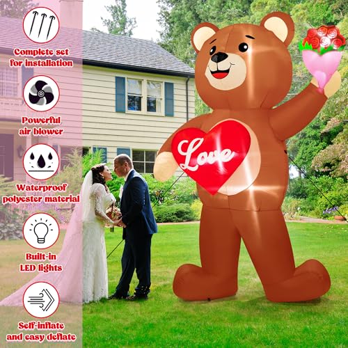 Melisheer 8 FT Valentines Day Inflatables Outdoor, Blow Up Bear Holding Love Heart and and Flowers, Romantic LED Lighted Valentine's Day Inflatables Decorations for Anniversary Wedding Proposal Party Lawn - Image 4