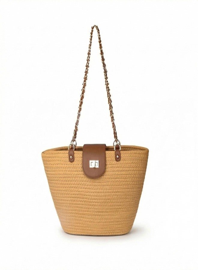 Eiyye Woven Tote Bag for Women Summer Shoulder Bag with Chain Strap & Turn Lock Closure Casual Tote(Camel) - Image 1