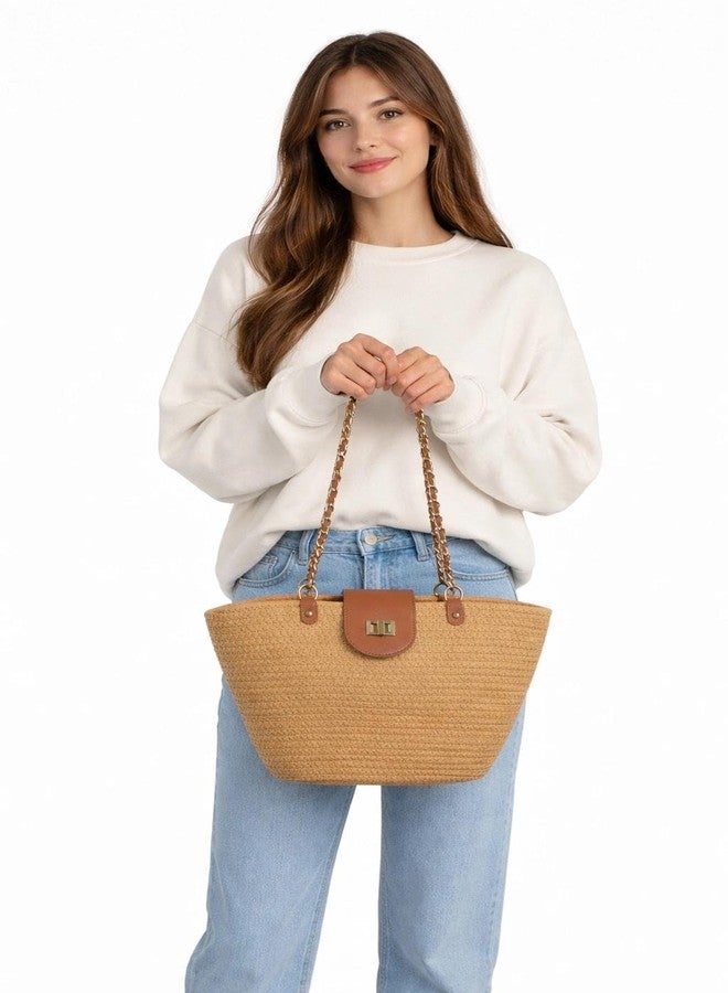 Eiyye Woven Tote Bag for Women Summer Shoulder Bag with Chain Strap & Turn Lock Closure Casual Tote(Camel) - Image 4