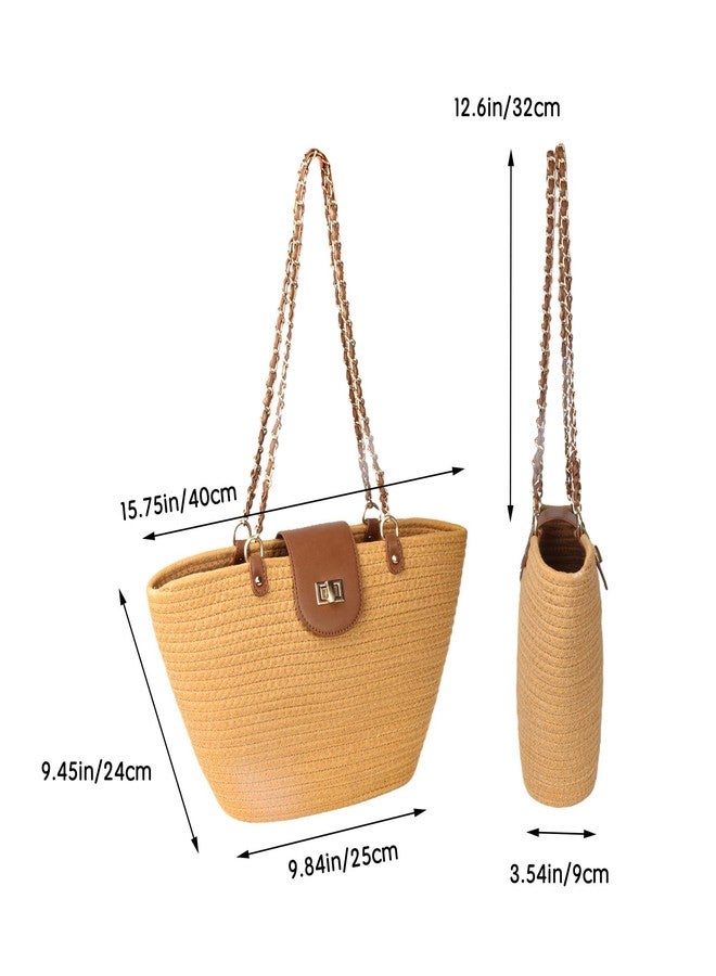 Eiyye Woven Tote Bag for Women Summer Shoulder Bag with Chain Strap & Turn Lock Closure Casual Tote(Camel) - Image 3