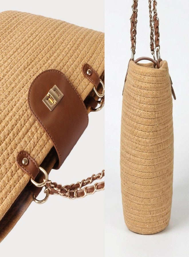 Eiyye Woven Tote Bag for Women Summer Shoulder Bag with Chain Strap & Turn Lock Closure Casual Tote(Camel) - Image 5