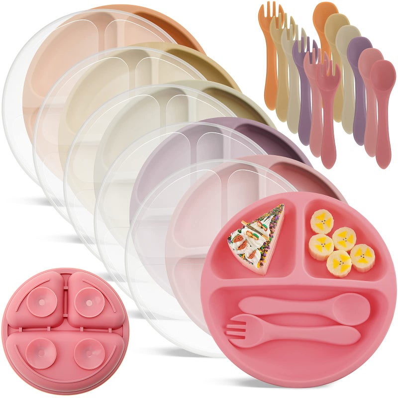 Meanplan 6 Pack Suction Plates for Toddlers with Lids Silicone Baby Plates set Food Grade Silicone Divided Design BPA Free Microwave and Dishwasher Safe Assorted ColorsCute Colors