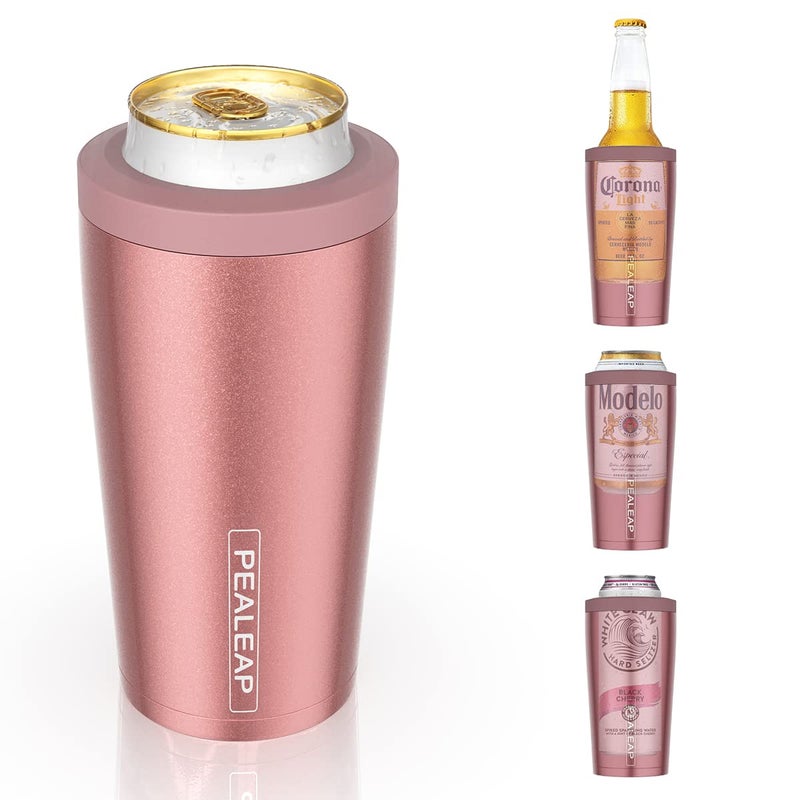 4 in 1 Insulated Slim Can Cooler for 12 OZ Cans and Beer Bottle Keep 8 Hours Cold Easy to Hold Stainless Steel Can Holder Double Walled Can Insulator for Hard Seltzer and More Rose Gold