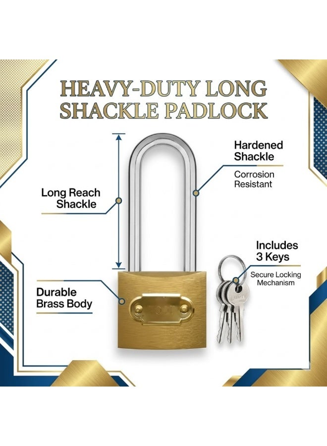 Lukadah Long Shackle Padlock with 3 Keys, Heavy Duty Brass Padlock for Gates, Lockers, Sheds, Storage Units, Tool Boxes, Outdoor Security Lock, Rust Resistant Hardened Steel Shackle, High Security Keyed Padlock for Home and Commercial Use - Image 2
