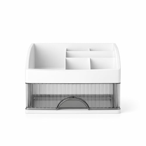 KREPS® Desk Makeup Organizer, Plastic Storage Box with Sliding Drawer, Stylish Display Case for Cosmetics, Lotion, Nail Polish,Brushes,and Jewelry (1 White, 1 - Layer) - Image 1