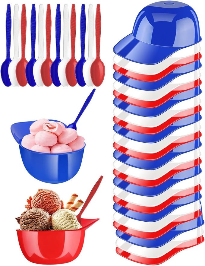 24 PACK MINI BASEBALL HELMET ICE CREAM BOWLS 8 OZ HELMETS PLASTIC BASEBALL SNACK CUPS KIDS HELMET BOWLS WITH 24 DESSERT SPOONS FOR BIRTHDAY PARTY SUPPLIES RED BLUE AND WHITE