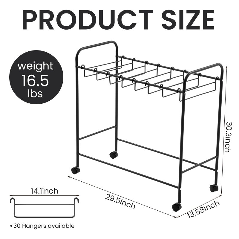 Datanly Pants Rack Trolley, Rolling Trolley with 30 Pants Hangers and Storage Shelf, Pull Out Pant Rack for Closet - Space Saving Organizer for Jeans Scarves Trousers, 30" x 30" x 13.5"(Black) - Image 2