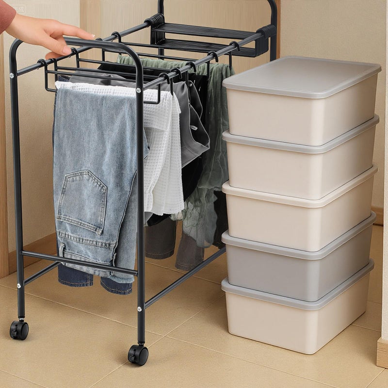 Datanly Pants Rack Trolley, Rolling Trolley with 30 Pants Hangers and Storage Shelf, Pull Out Pant Rack for Closet - Space Saving Organizer for Jeans Scarves Trousers, 30" x 30" x 13.5"(Black) - Image 4