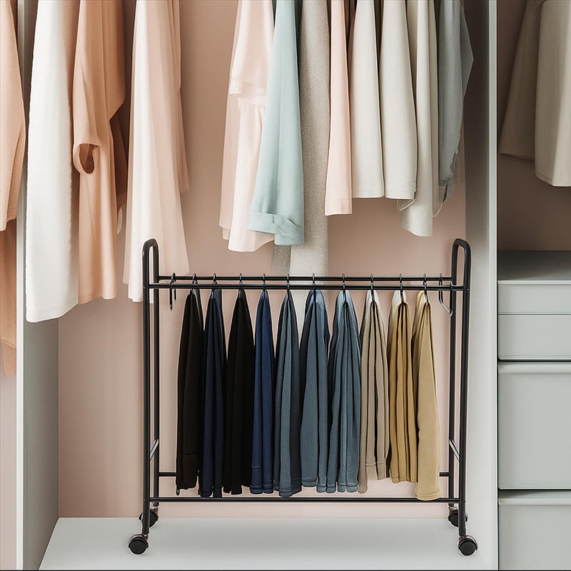 Datanly Pants Rack Trolley, Rolling Trolley with 30 Pants Hangers and Storage Shelf, Pull Out Pant Rack for Closet - Space Saving Organizer for Jeans Scarves Trousers, 30" x 30" x 13.5"(Black) - Image 5