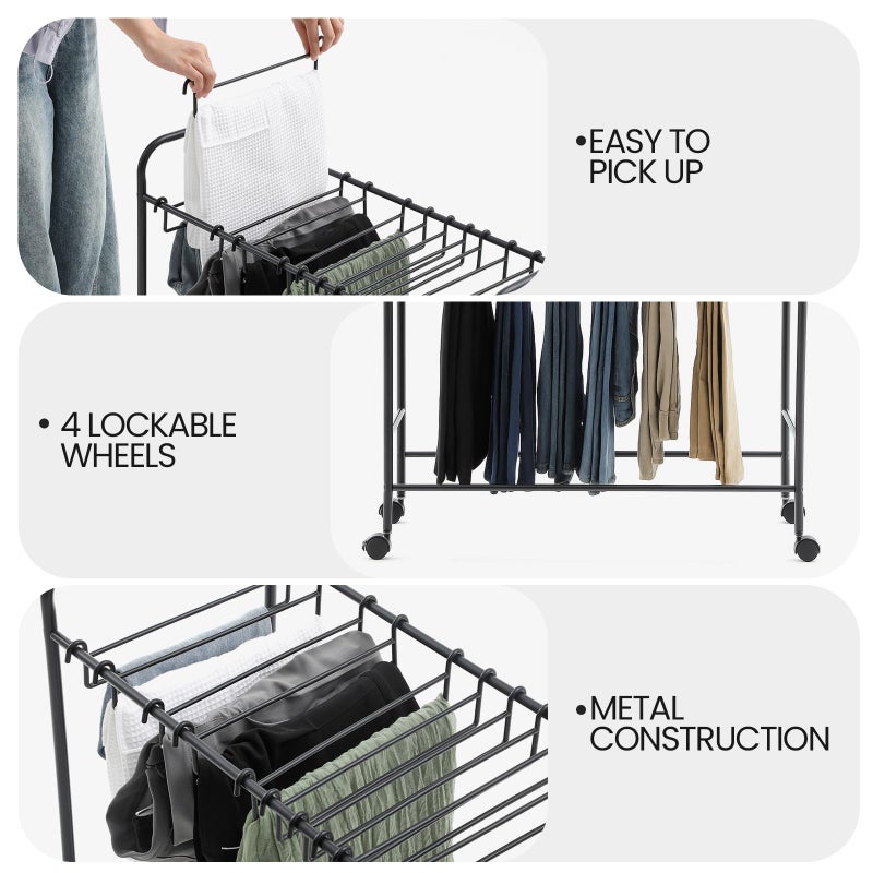 Datanly Pants Rack Trolley, Rolling Trolley with 30 Pants Hangers and Storage Shelf, Pull Out Pant Rack for Closet - Space Saving Organizer for Jeans Scarves Trousers, 30" x 30" x 13.5"(Black) - Image 3