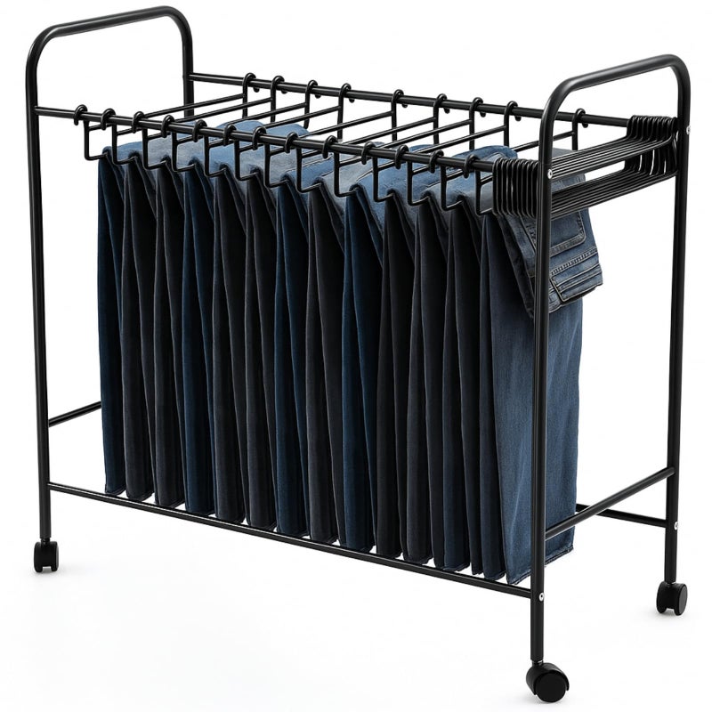 Datanly Pants Rack Trolley, Rolling Trolley with 30 Pants Hangers and Storage Shelf, Pull Out Pant Rack for Closet - Space Saving Organizer for Jeans Scarves Trousers, 30" x 30" x 13.5"(Black) - Image 1