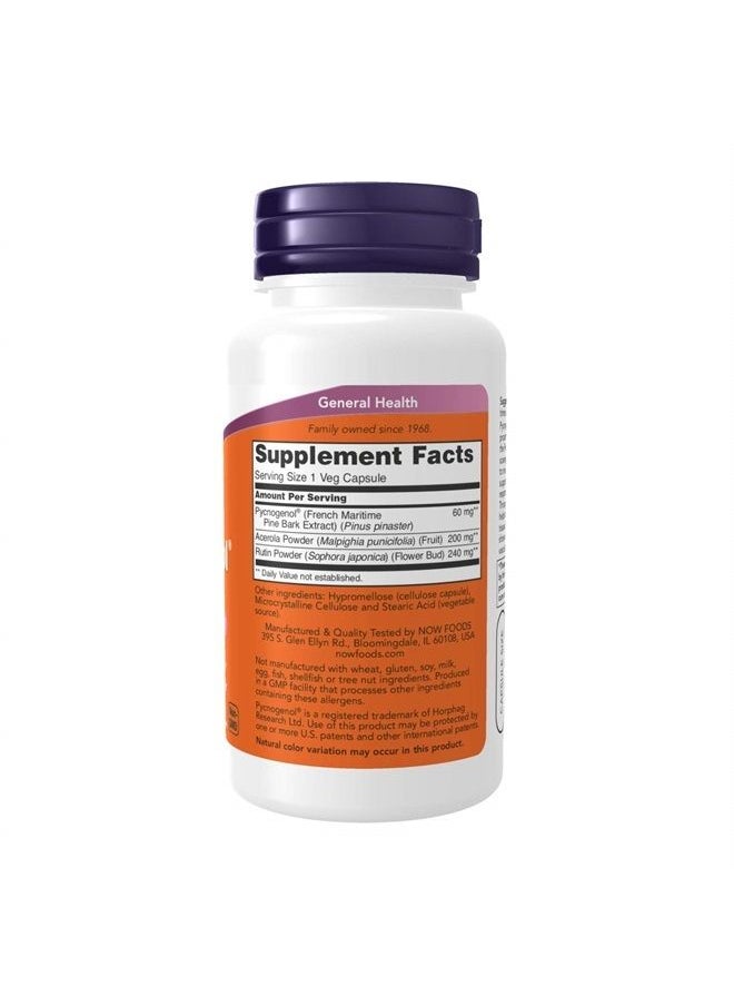 now - Supplements, Pycnogenol 60 mg (a Unique Combo of Proanthocyanidins from French Maritime Pine) with Acerola & Rutin Powder, 50 Veg Capsules - Image 1