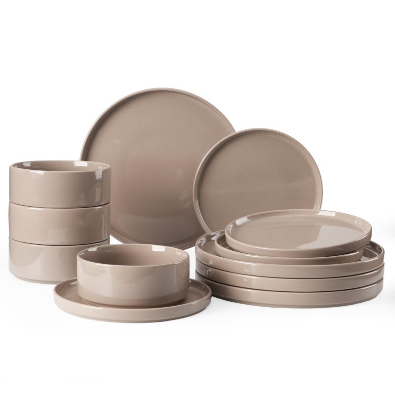 Famiware Nebula Plates and Bowls Set 12 Pieces Dinnerware Sets Dishes Set for 4 Cinnamon Brown - Image 1