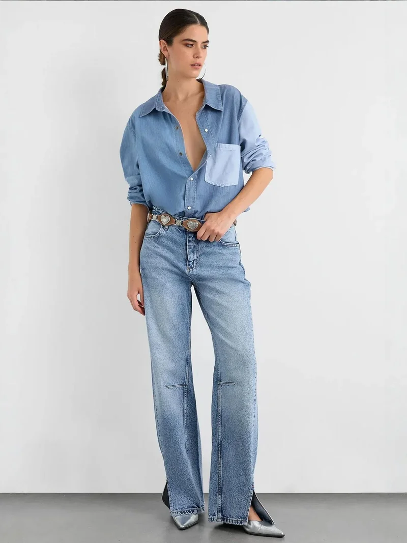 Mid Rise Side Slit Straight Leg Jeans
