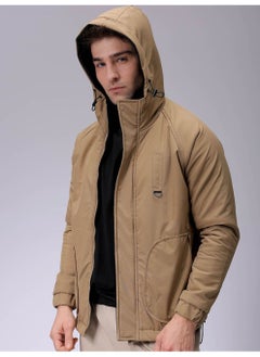 The Indian Garage Co Mens Chalk Slim Fit Plain Hooded Zipper Placket Side Pocket Winter Jacket  - Image 1