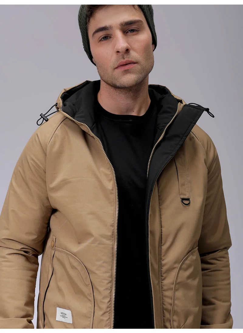 The Indian Garage Co Mens Chalk Slim Fit Plain Hooded Zipper Placket Side Pocket Winter Jacket