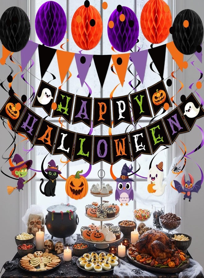 Clabby Halloween Party Decorations Kit Happy Halloween Banner Hanging Swirls Cutouts Triangle Flag Bunting Circle Confetti Dots Garland Black Orange Purple 3D Honeycomb Ball for Birthday Baby Shower - Image 3