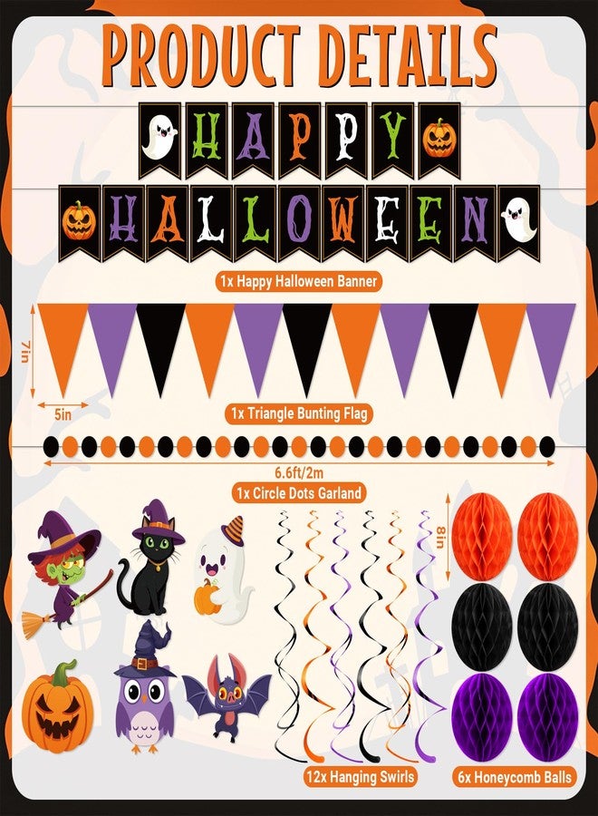 Clabby Halloween Party Decorations Kit Happy Halloween Banner Hanging Swirls Cutouts Triangle Flag Bunting Circle Confetti Dots Garland Black Orange Purple 3D Honeycomb Ball for Birthday Baby Shower - Image 2