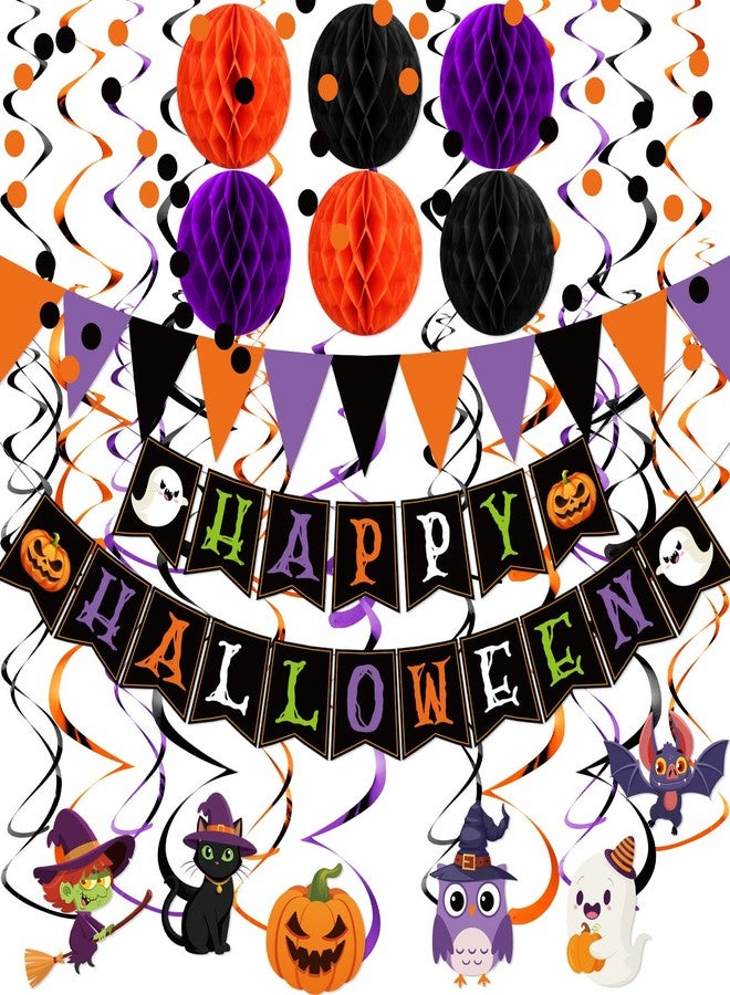 Clabby Halloween Party Decorations Kit Happy Halloween Banner Hanging Swirls Cutouts Triangle Flag Bunting Circle Confetti Dots Garland Black Orange Purple 3D Honeycomb Ball for Birthday Baby Shower - Image 1