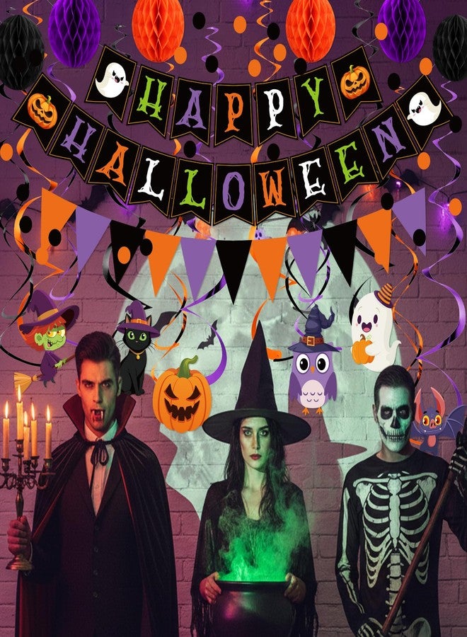 Clabby Halloween Party Decorations Kit Happy Halloween Banner Hanging Swirls Cutouts Triangle Flag Bunting Circle Confetti Dots Garland Black Orange Purple 3D Honeycomb Ball for Birthday Baby Shower - Image 5