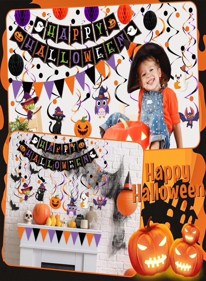 Clabby Halloween Party Decorations Kit Happy Halloween Banner Hanging Swirls Cutouts Triangle Flag Bunting Circle Confetti Dots Garland Black Orange Purple 3D Honeycomb Ball for Birthday Baby Shower - Image 4
