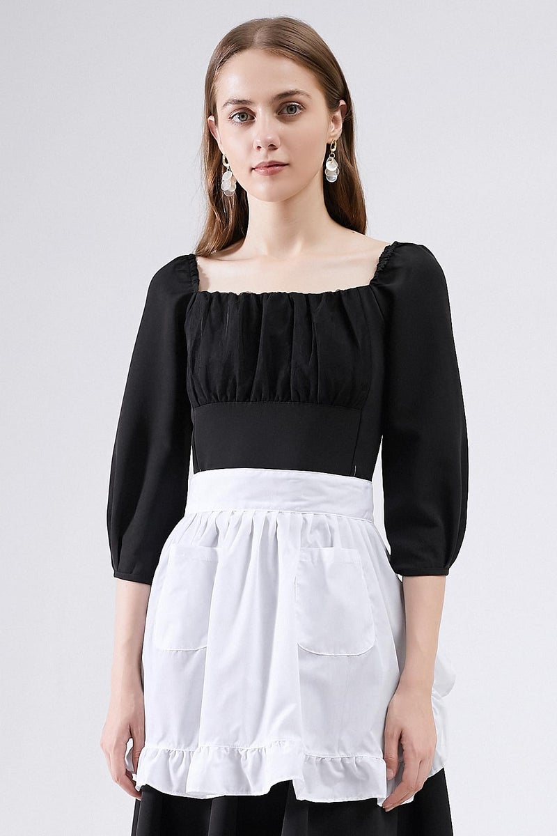 LilMents Womens Waist Apron with Pockets Retro Kitchen Cleaning Ruffles Half Apron (White) - Image 2