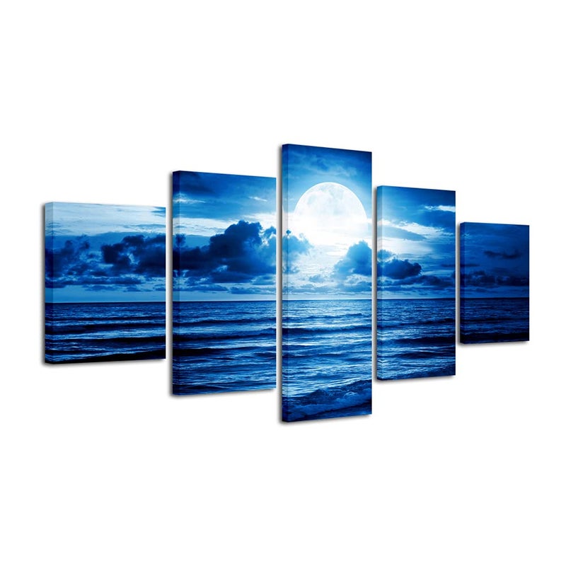 Pyradecor Blue Clouds Modern 5 Panels Moon Sea Beach Canvas Wall Art Large Gallery Wrapped Landscape Giclee Canvas Prints Pictures Artwork Paintings for Living Room Bedroom Home Decorations L - Image 1
