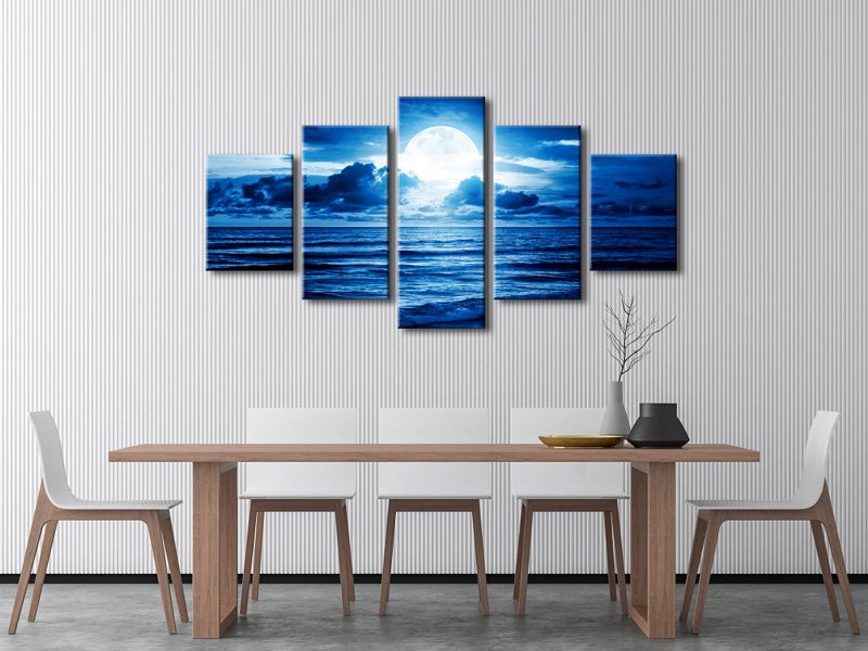 Pyradecor Blue Clouds Modern 5 Panels Moon Sea Beach Canvas Wall Art Large Gallery Wrapped Landscape Giclee Canvas Prints Pictures Artwork Paintings for Living Room Bedroom Home Decorations L - Image 4