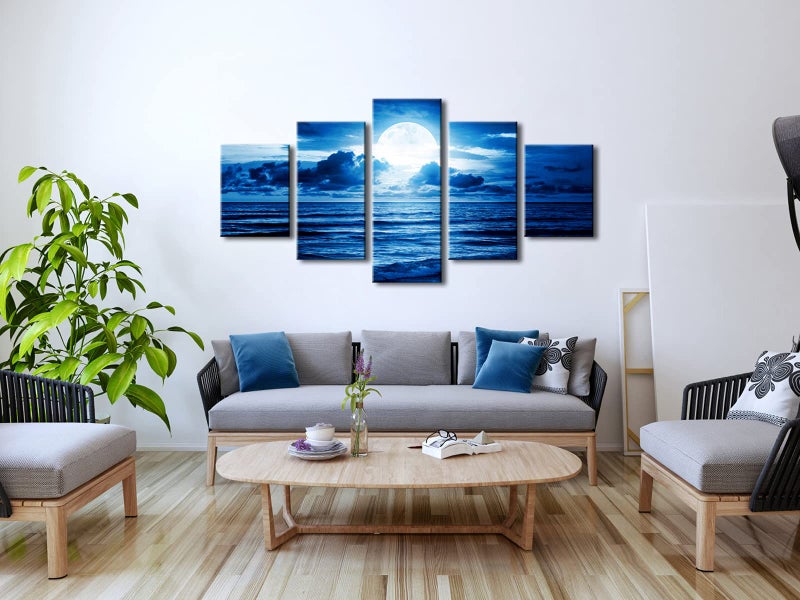 Pyradecor Blue Clouds Modern 5 Panels Moon Sea Beach Canvas Wall Art Large Gallery Wrapped Landscape Giclee Canvas Prints Pictures Artwork Paintings for Living Room Bedroom Home Decorations L - Image 2