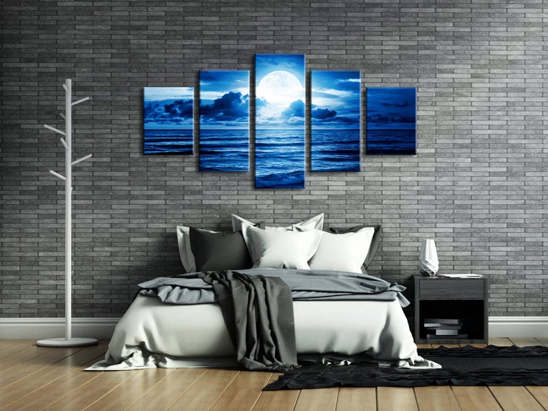 Pyradecor Blue Clouds Modern 5 Panels Moon Sea Beach Canvas Wall Art Large Gallery Wrapped Landscape Giclee Canvas Prints Pictures Artwork Paintings for Living Room Bedroom Home Decorations L - Image 3
