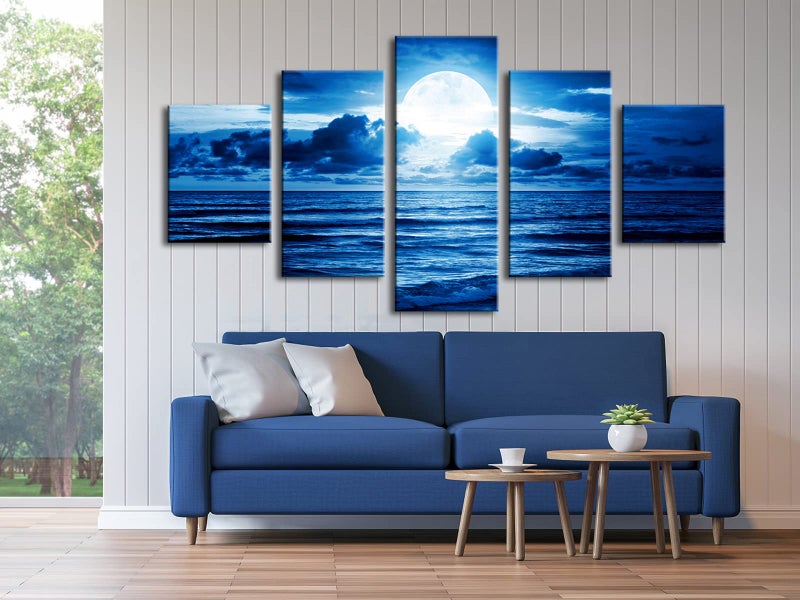 Pyradecor Blue Clouds Modern 5 Panels Moon Sea Beach Canvas Wall Art Large Gallery Wrapped Landscape Giclee Canvas Prints Pictures Artwork Paintings for Living Room Bedroom Home Decorations L - Image 5