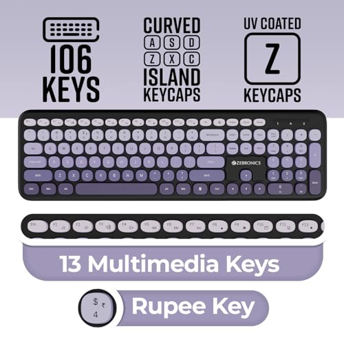 Zebronics Wireless Keyboard & Mouse Combo, 106 UV-Coated Keys, ₹ Key, 13 Multimedia Keys, Retractable Stand, 4 Button Mouse, 1600 DPI, High Precision, USB Nano Receiver (Companion 302, Purple) - Image 4