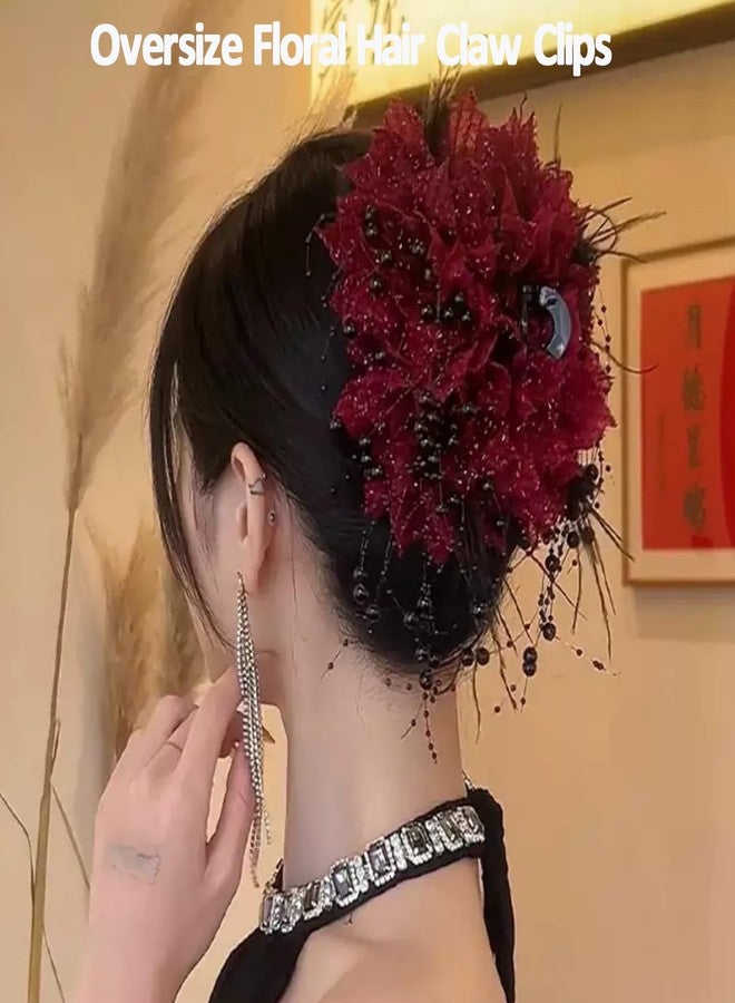 iRIIRIO مشبك شعر كبير مزين بفيونكة زهرية من iRIIRIO، قطعة واحدة، مع خرز وشرابات، مشبك شعر على شكل زهرة حمراء، إكسسوارات شعر للنساء والفتيات، مناسب لحفلات الزفاف والارتداء اليومي. - Image 2