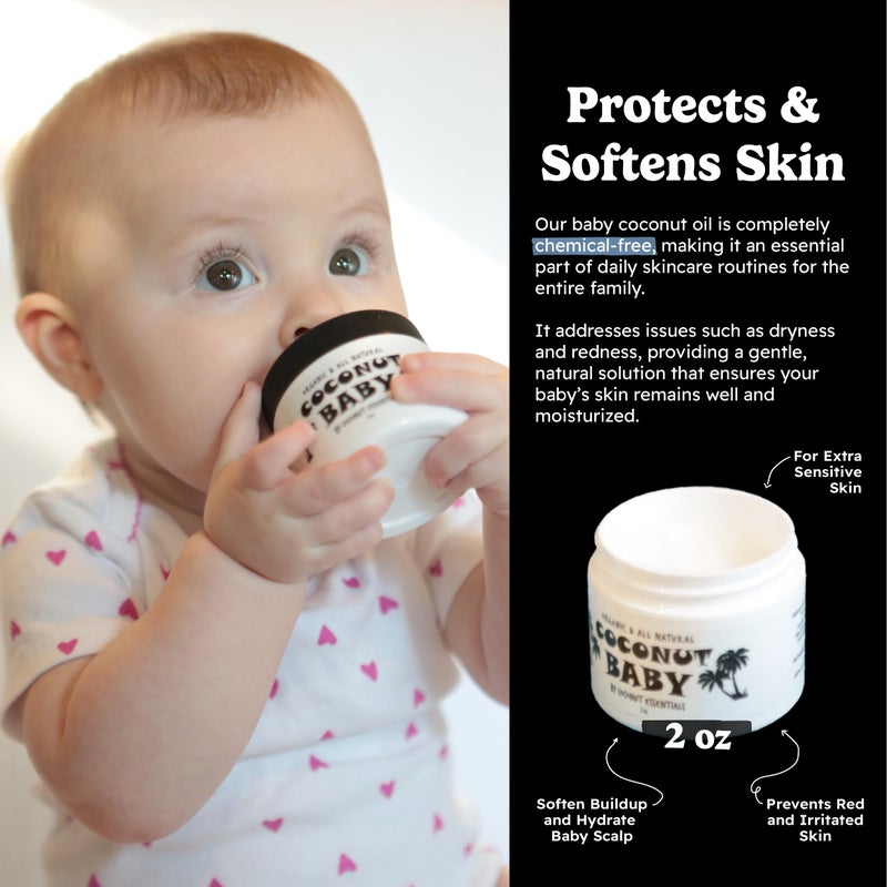 Coconut Essentials Coconut Baby Oil for Hair & Skin Care, Natural & Organic, Coconut Oil for Cradle Cap, Eczema, Infant Scalp Relief, Hair Oil for Curly Hair - Newborn Moisturizer for Sensitive Skin, Unscented - 2 fl oz - Image 2