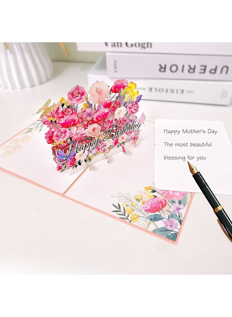 Luckam 3D Pop Up Birthday Card, Birthday Gift Card, Forever Flower Greeting Cards with Envelope & Gift Tag, Pink Roses & Butterflies Design, Ideal for Mom, Sister, Grandma, Daughter (5" x 7") - Image 2