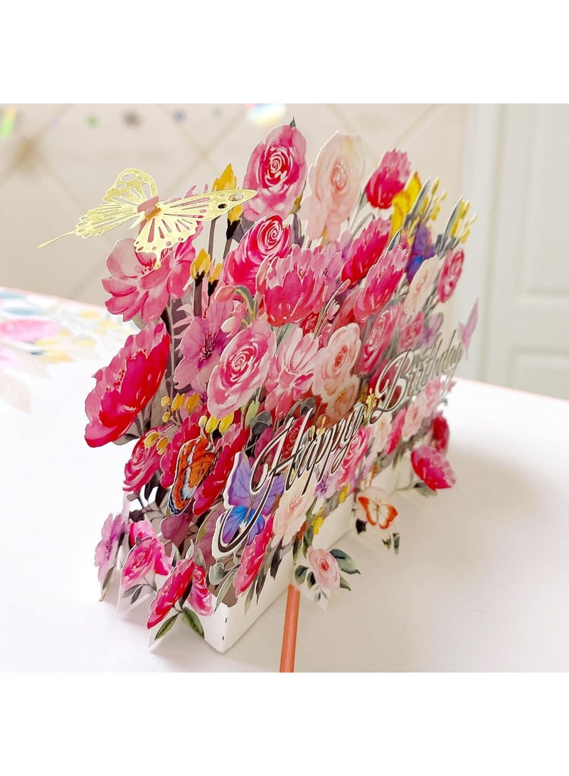 Luckam 3D Pop Up Birthday Card, Birthday Gift Card, Forever Flower Greeting Cards with Envelope & Gift Tag, Pink Roses & Butterflies Design, Ideal for Mom, Sister, Grandma, Daughter (5" x 7") - Image 3