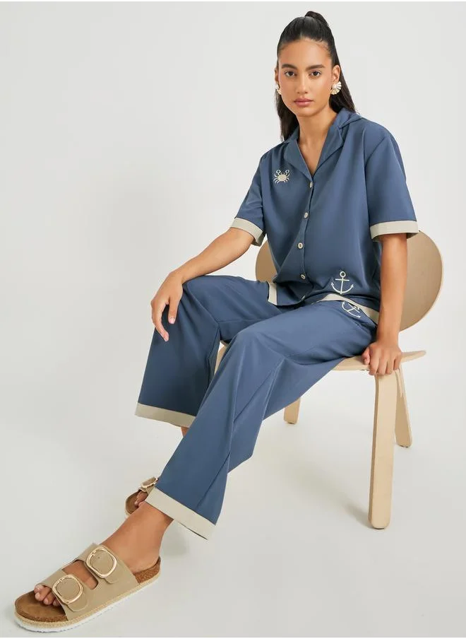 Take Two Take Two Embroidery Detail Short Sleeve Shirt and Pants Set