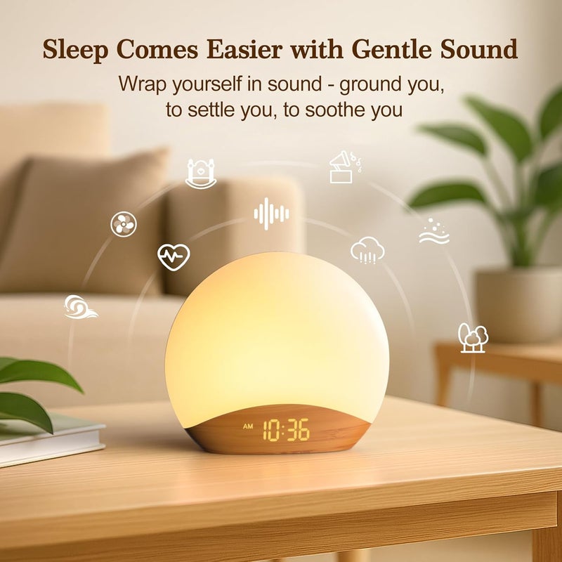 REACHER Wood Grain Sunrise Alarm Clock and Sound Machine Nightlight Digital Dimmable Clock for Bedroom 26 Sleep Sounds White Noise Machine for Baby Adults Wake Up Light Alarm Clock for Kids - Image 4