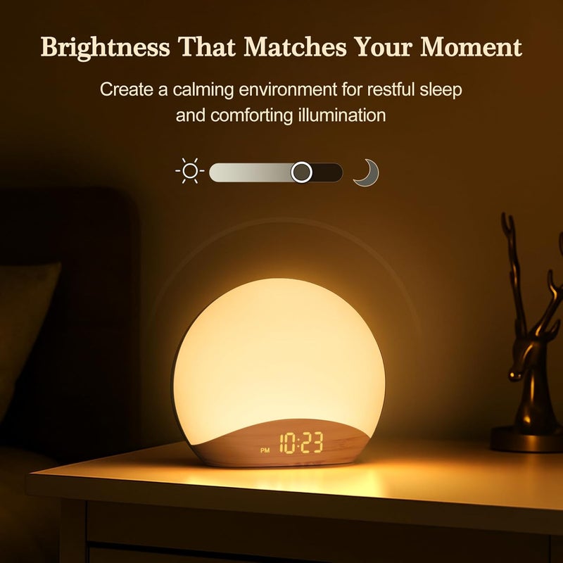 REACHER Wood Grain Sunrise Alarm Clock and Sound Machine Nightlight Digital Dimmable Clock for Bedroom 26 Sleep Sounds White Noise Machine for Baby Adults Wake Up Light Alarm Clock for Kids - Image 5
