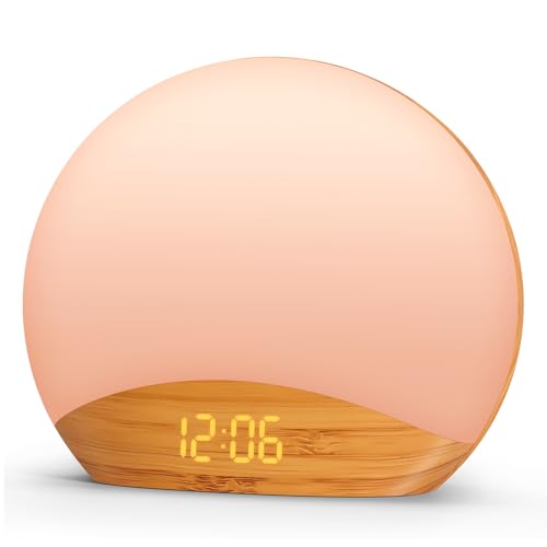 REACHER Wood Grain Sunrise Alarm Clock and Sound Machine Nightlight Digital Dimmable Clock for Bedroom 26 Sleep Sounds White Noise Machine for Baby Adults Wake Up Light Alarm Clock for Kids - Image 1